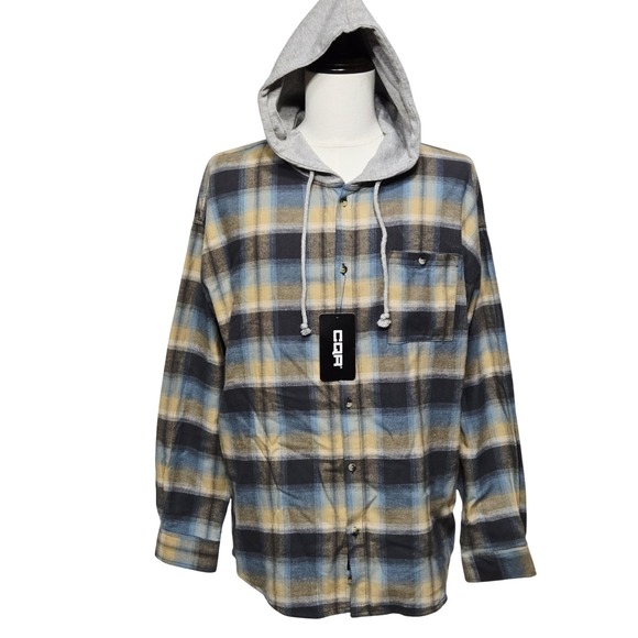 CQR Shirt Mens Large Blue Yellow Plaid Hooded Flannel Button Up Casual Jacket - Picture 1 of 16